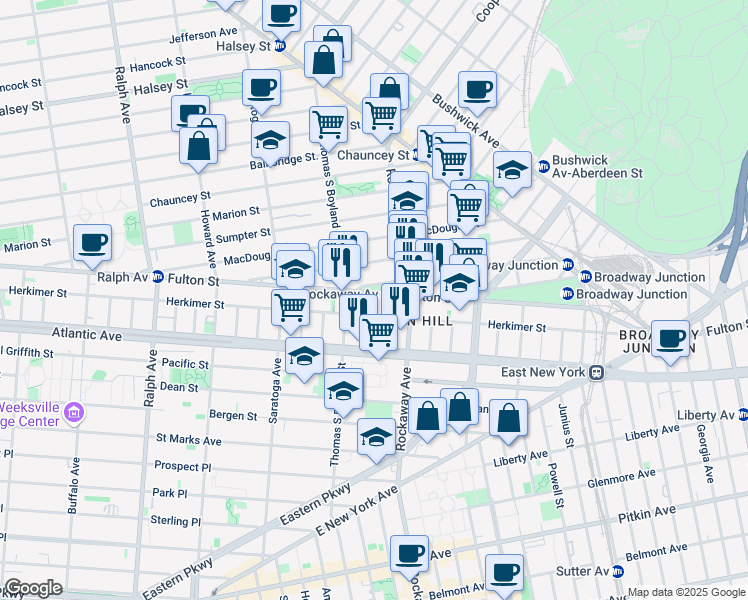 map of restaurants, bars, coffee shops, grocery stores, and more near 27 Somers Street in Brooklyn
