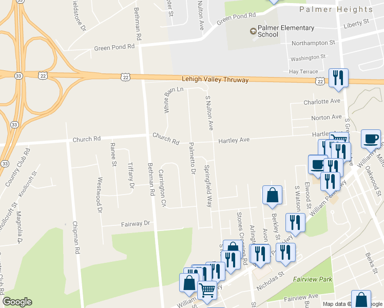 map of restaurants, bars, coffee shops, grocery stores, and more near 335 Palmetto Drive in Easton