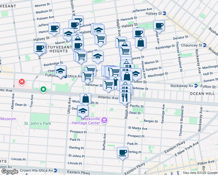 map of restaurants, bars, coffee shops, grocery stores, and more near 869 Herkimer Street in Brooklyn