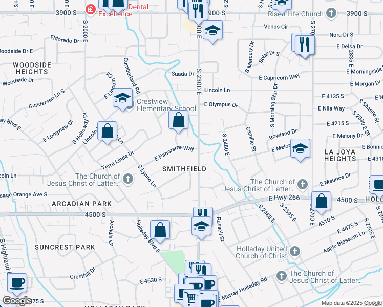 map of restaurants, bars, coffee shops, grocery stores, and more near 2291 East Panorama Way in Holladay