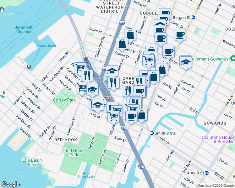 map of restaurants, bars, coffee shops, grocery stores, and more near 28 4th Place in Brooklyn