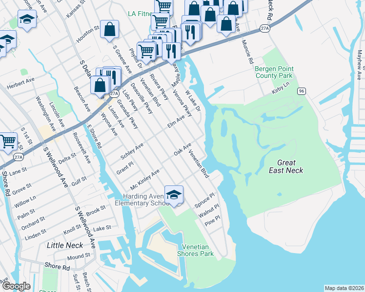 map of restaurants, bars, coffee shops, grocery stores, and more near 228 Venetian Boulevard in Lindenhurst