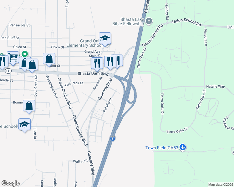 map of restaurants, bars, coffee shops, grocery stores, and more near 5329 2nd Street in Shasta Lake
