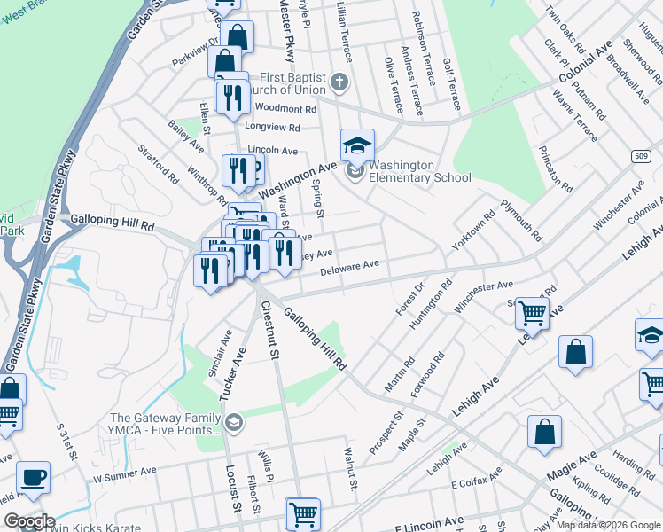 map of restaurants, bars, coffee shops, grocery stores, and more near 265 New Jersey Avenue in Union