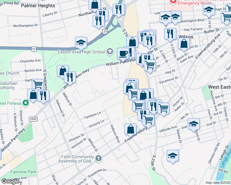 map of restaurants, bars, coffee shops, grocery stores, and more near 2623 Anthony Court in Easton