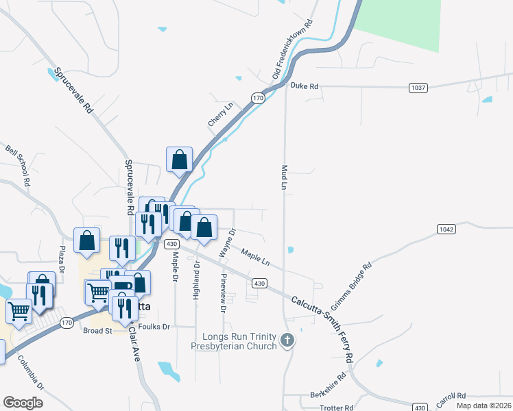 map of restaurants, bars, coffee shops, grocery stores, and more near 49406 North Meadowbrook Circle in Calcutta