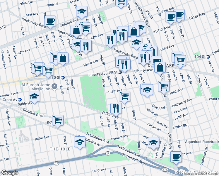 map of restaurants, bars, coffee shops, grocery stores, and more near 13 106th Avenue in Queens