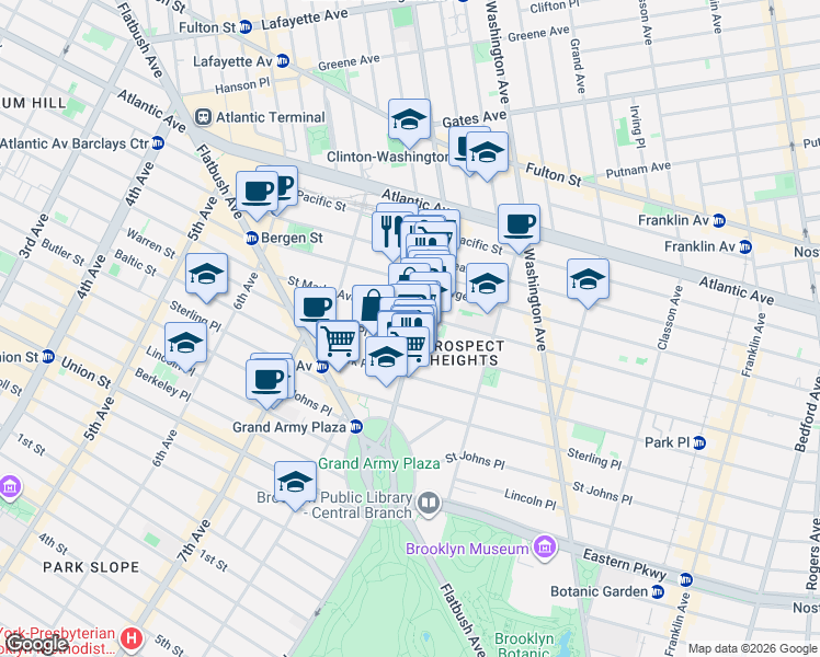 map of restaurants, bars, coffee shops, grocery stores, and more near 610 Vanderbilt Avenue in Brooklyn