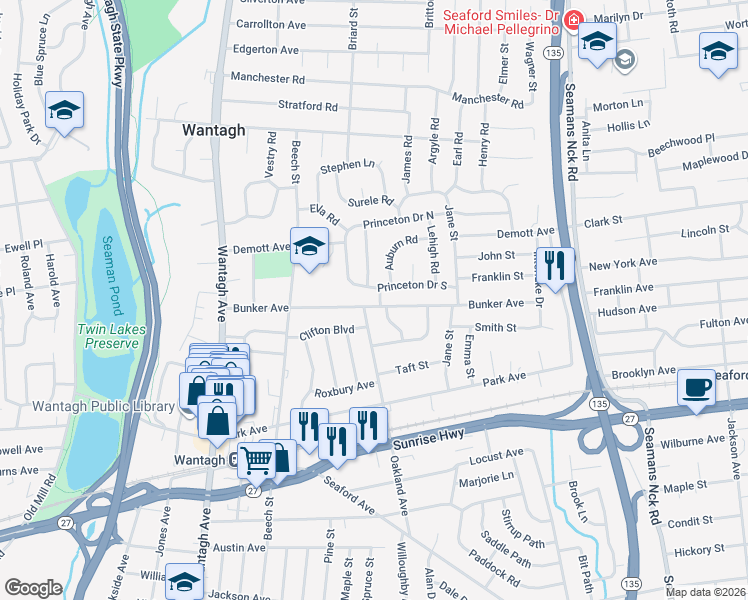 map of restaurants, bars, coffee shops, grocery stores, and more near 3499 Bunker Avenue in Wantagh