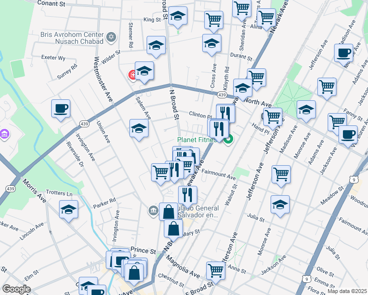 map of restaurants, bars, coffee shops, grocery stores, and more near 643 North Broad Street in Elizabeth