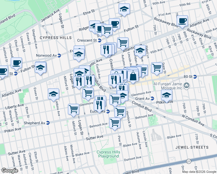 map of restaurants, bars, coffee shops, grocery stores, and more near 26 Hill Street in Brooklyn