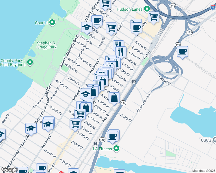 map of restaurants, bars, coffee shops, grocery stores, and more near 10 East 43rd Street in Bayonne