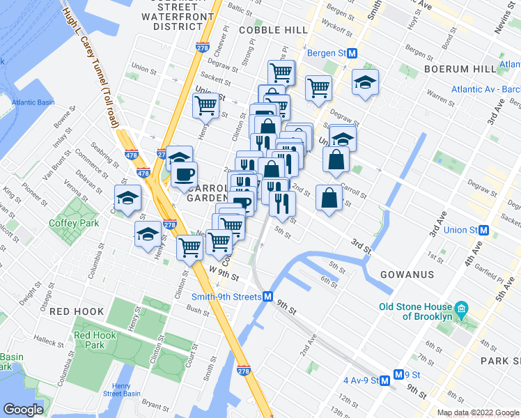 map of restaurants, bars, coffee shops, grocery stores, and more near 123 3rd Place in Brooklyn
