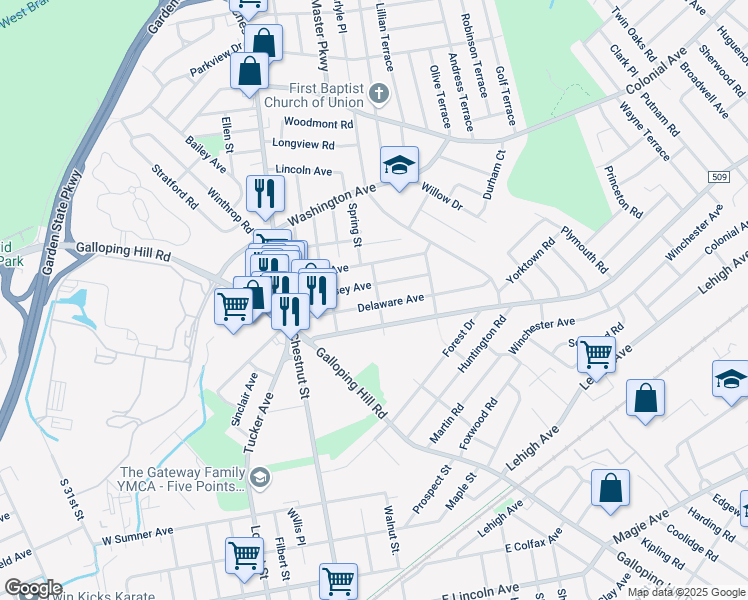 map of restaurants, bars, coffee shops, grocery stores, and more near 301 Newark Avenue in Union
