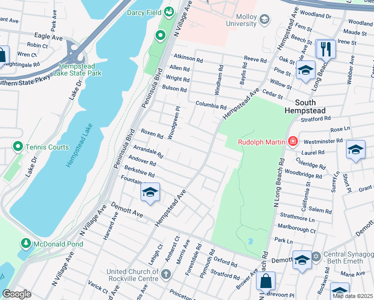 map of restaurants, bars, coffee shops, grocery stores, and more near 42 Roxen Road in Rockville Centre