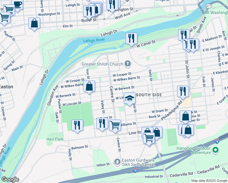 map of restaurants, bars, coffee shops, grocery stores, and more near 627 West Berwick Street in Easton