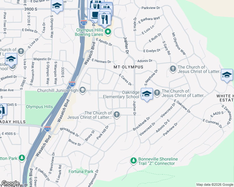map of restaurants, bars, coffee shops, grocery stores, and more near 4296 South Mulholland Street in Salt Lake City