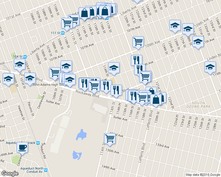 map of restaurants, bars, coffee shops, grocery stores, and more near 111-40 114th Street in Queens
