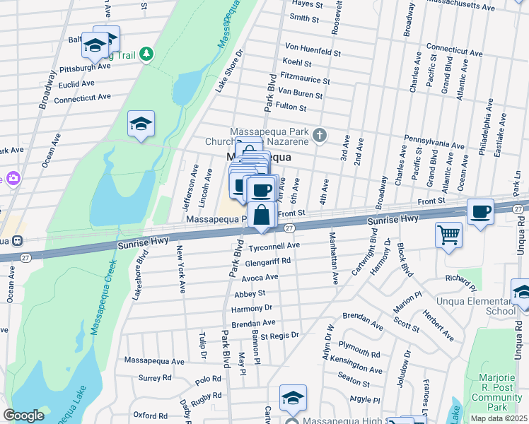map of restaurants, bars, coffee shops, grocery stores, and more near in Massapequa Park