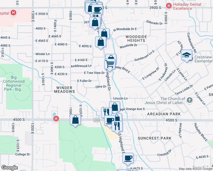 map of restaurants, bars, coffee shops, grocery stores, and more near 4276 Highland Drive in Millcreek