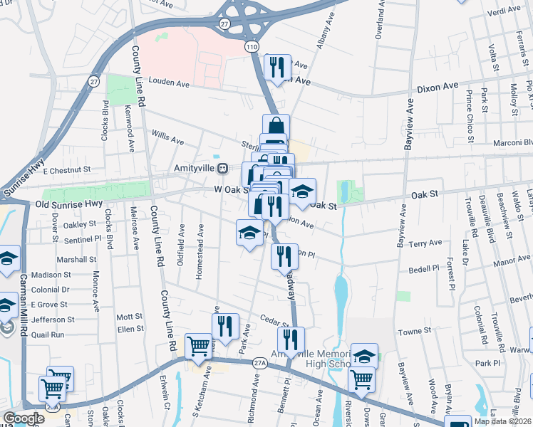 map of restaurants, bars, coffee shops, grocery stores, and more near in Amityville