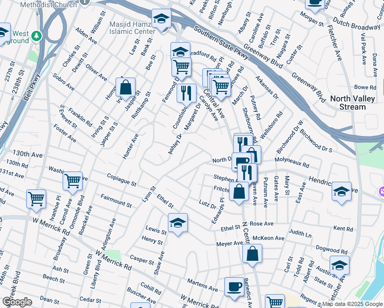 map of restaurants, bars, coffee shops, grocery stores, and more near 34 Ridgewood Street in Valley Stream