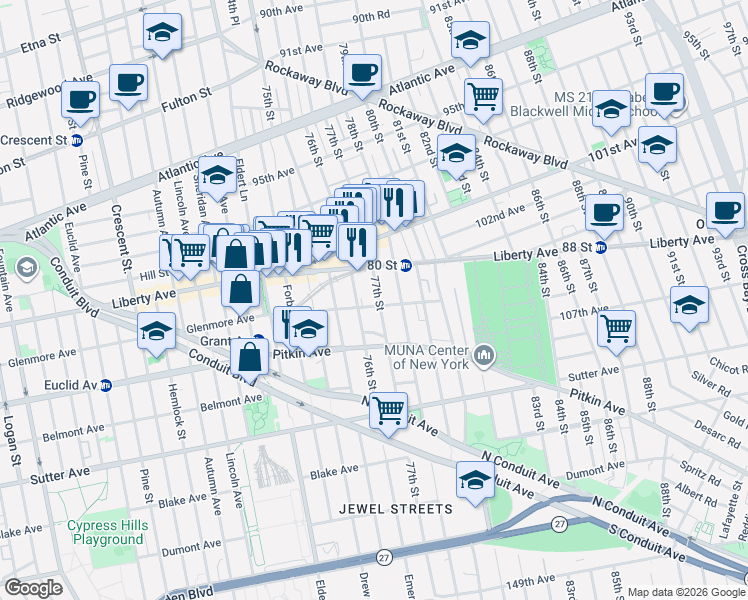 map of restaurants, bars, coffee shops, grocery stores, and more near 105-27 77th Street in Queens