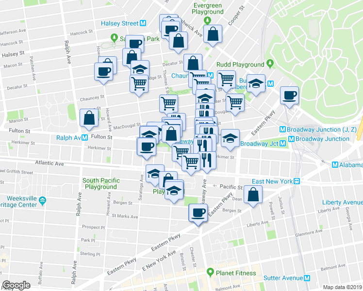 map of restaurants, bars, coffee shops, grocery stores, and more near 27 Somers Street in Brooklyn