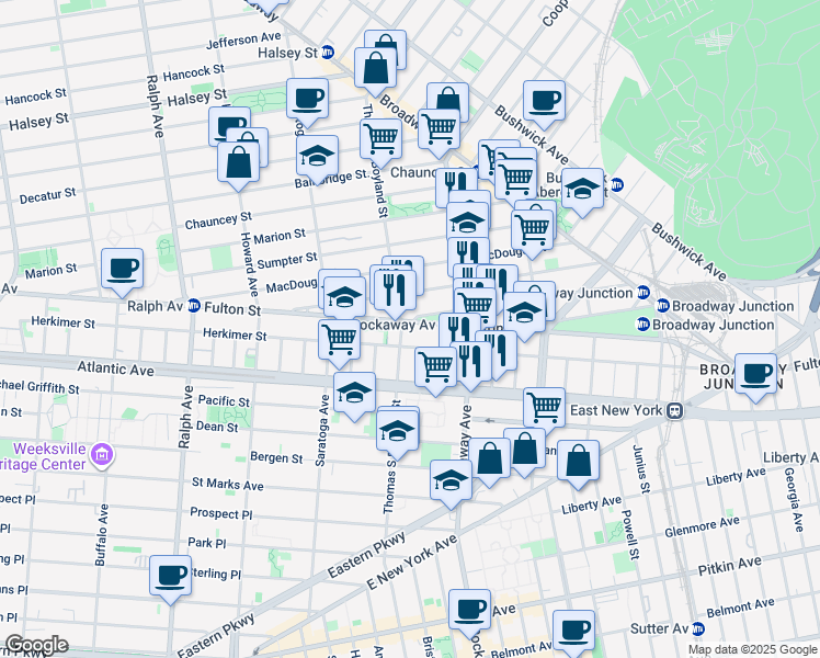 map of restaurants, bars, coffee shops, grocery stores, and more near 27 Somers Street in Brooklyn
