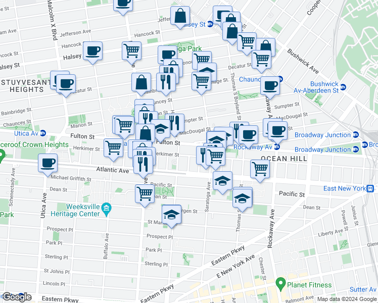 map of restaurants, bars, coffee shops, grocery stores, and more near 1994 Fulton Street in Brooklyn