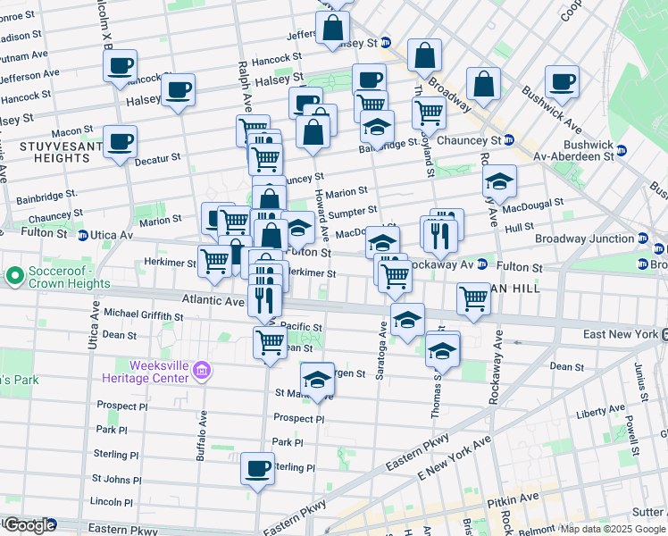 map of restaurants, bars, coffee shops, grocery stores, and more near 1994 Fulton Street in Brooklyn