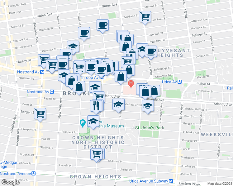map of restaurants, bars, coffee shops, grocery stores, and more near 18 Agate Court in Brooklyn