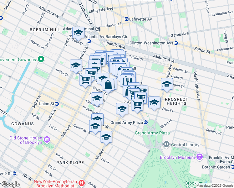 map of restaurants, bars, coffee shops, grocery stores, and more near 80 Park Place in Brooklyn