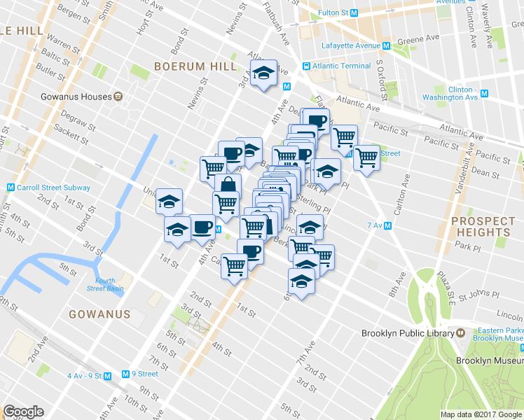 map of restaurants, bars, coffee shops, grocery stores, and more near 398 Douglass Street in Brooklyn