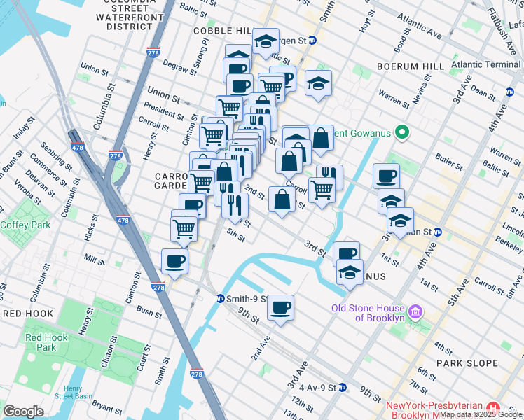 map of restaurants, bars, coffee shops, grocery stores, and more near 62 2nd Street in Brooklyn