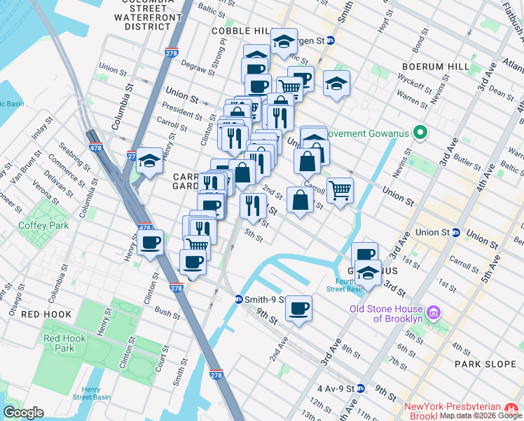 map of restaurants, bars, coffee shops, grocery stores, and more near 21 3rd Street in Brooklyn