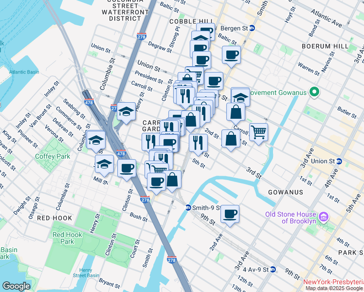 map of restaurants, bars, coffee shops, grocery stores, and more near 123 3rd Place in Brooklyn