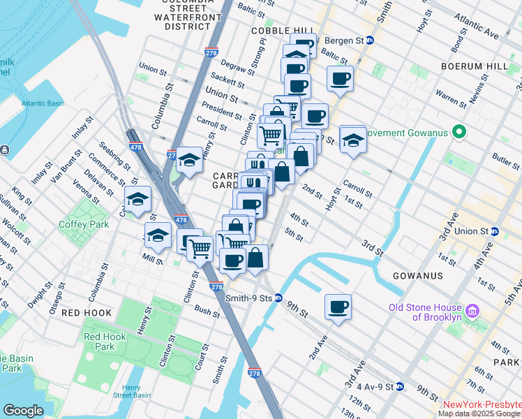 map of restaurants, bars, coffee shops, grocery stores, and more near 429 Court Street in Brooklyn