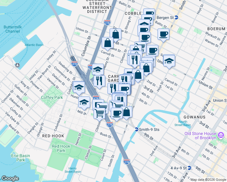 map of restaurants, bars, coffee shops, grocery stores, and more near 61 4th Place in Brooklyn
