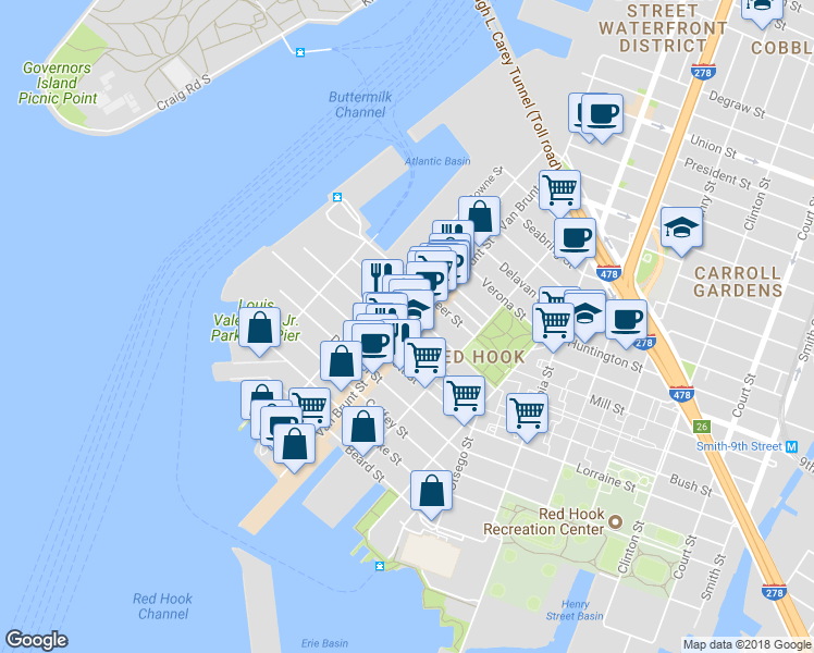 map of restaurants, bars, coffee shops, grocery stores, and more near 332 Van Brunt Street in Brooklyn