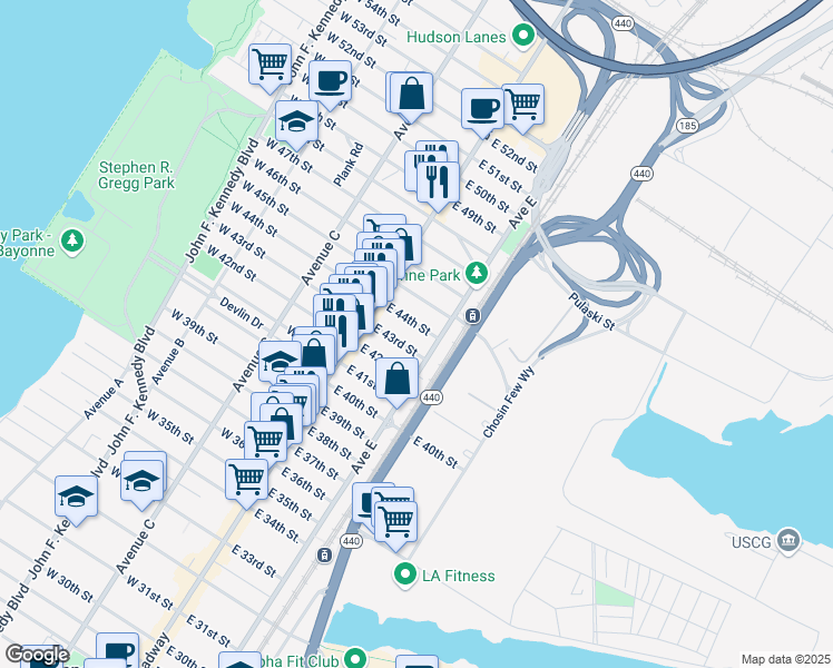 map of restaurants, bars, coffee shops, grocery stores, and more near 24 East 44th Street in Bayonne