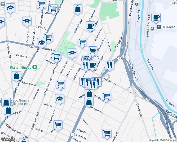 map of restaurants, bars, coffee shops, grocery stores, and more near in Elizabeth