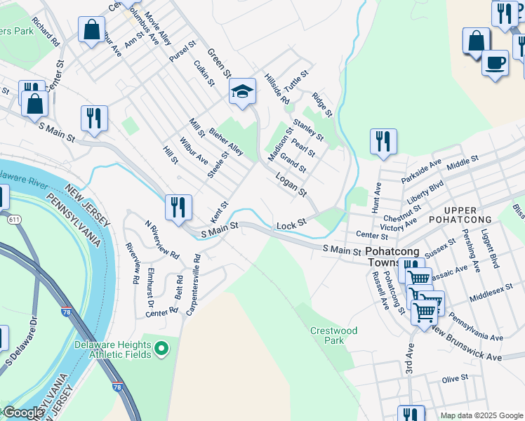 map of restaurants, bars, coffee shops, grocery stores, and more near 106 Arrow Head Court in Phillipsburg