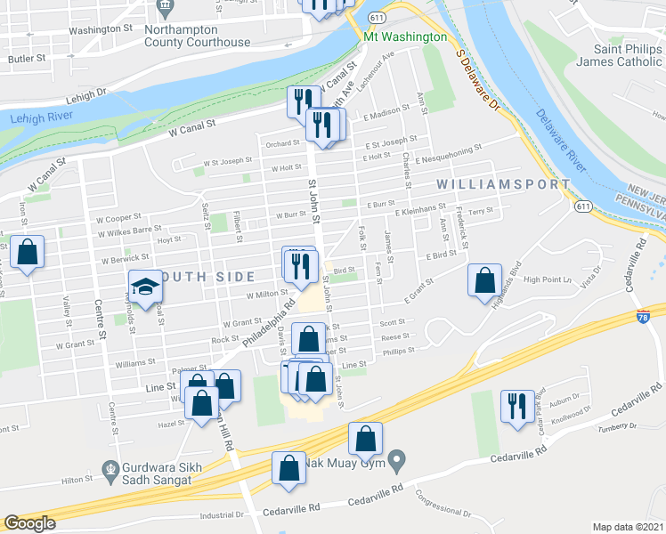 map of restaurants, bars, coffee shops, grocery stores, and more near 162 West Lincoln Street in Easton