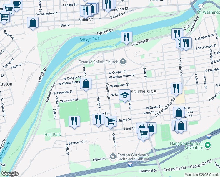 map of restaurants, bars, coffee shops, grocery stores, and more near 627 West Berwick Street in Easton