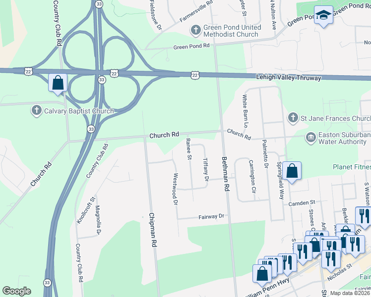 map of restaurants, bars, coffee shops, grocery stores, and more near 3660 Westwood Drive in Easton