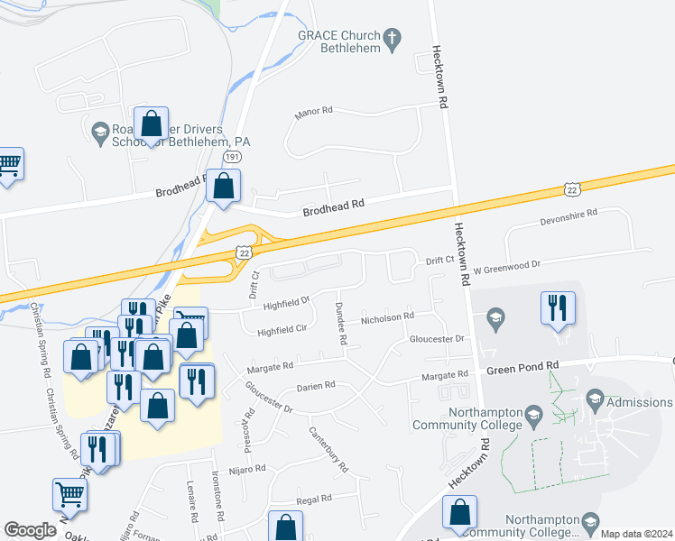 map of restaurants, bars, coffee shops, grocery stores, and more near in Bethlehem