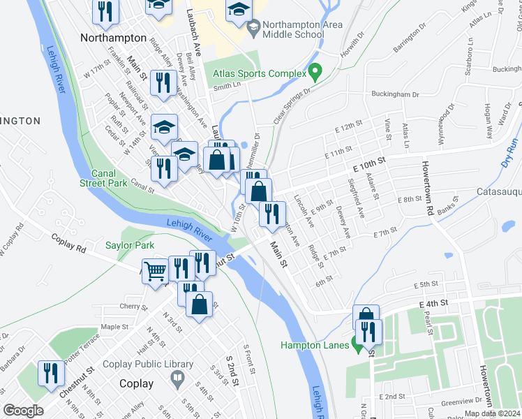 map of restaurants, bars, coffee shops, grocery stores, and more near 10 East 10th Street in Northampton