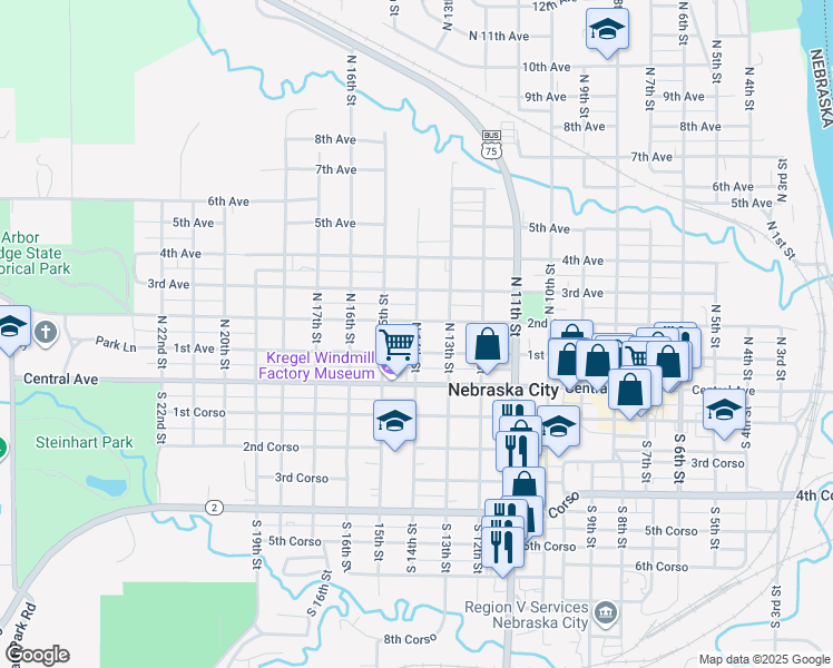 map of restaurants, bars, coffee shops, grocery stores, and more near 1309 2nd Avenue in Nebraska City