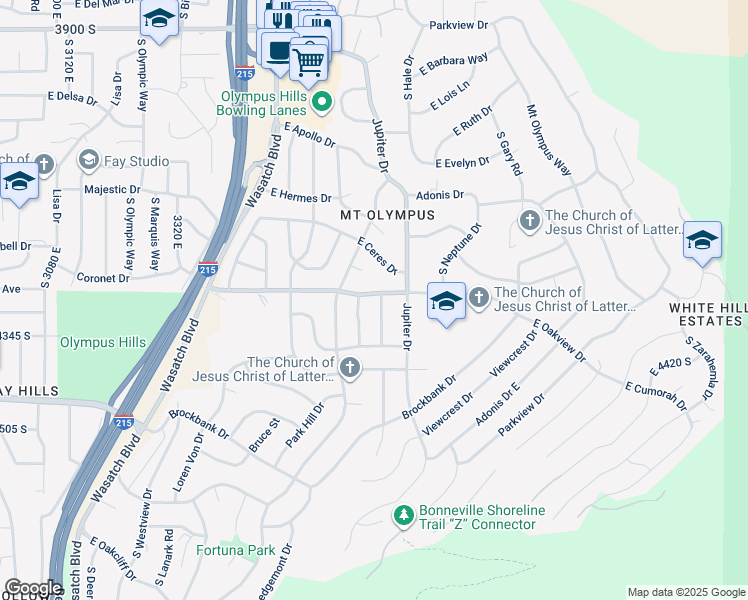 map of restaurants, bars, coffee shops, grocery stores, and more near 3662 East Oakview Drive in Salt Lake City